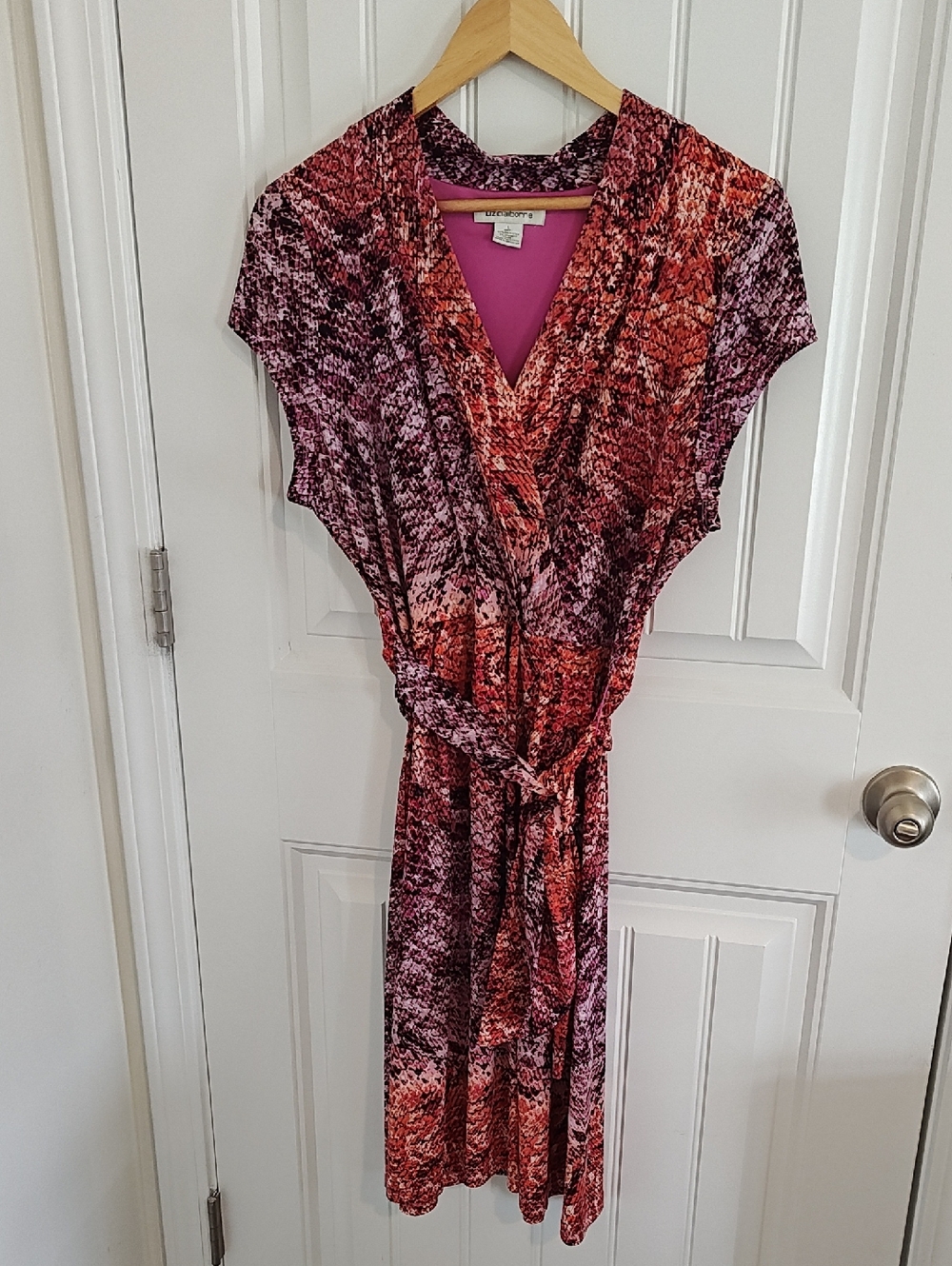 Liz Claiborne Pink and Red Abstract Print Midi Wrap Dress Large